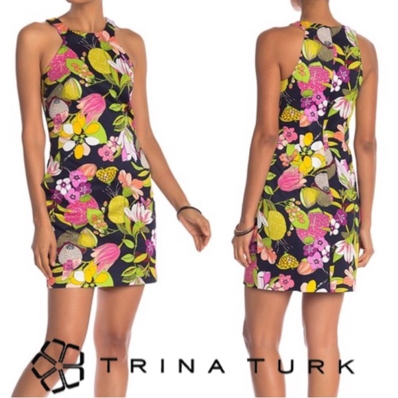 Trina Turk Navy Floral Print Midi Dress Sleeveless Garden Party Wedding Guest 4 - Picture 1 of 6